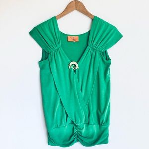 Vintage VOOM by Joy Han Top Medium Surplice Top Lizard Brooch Retro Green